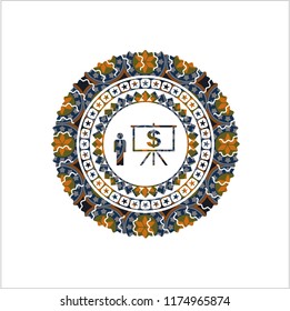 business presentation icon inside arabesque style emblem. arabic decoration.