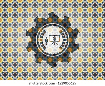 business presentation icon inside arabesque emblem background. arabic decoration.
