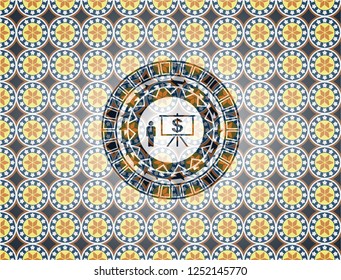 business presentation icon inside arabesque style emblem. arabic decoration.