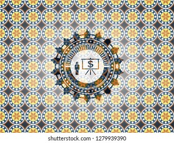business presentation icon inside arabesque emblem. arabic decoration.