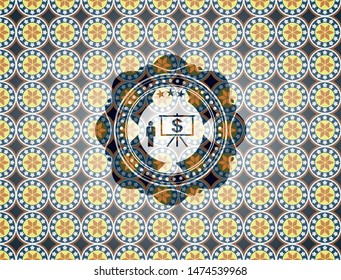 business presentation icon inside arabesque badge. arabic decoration.