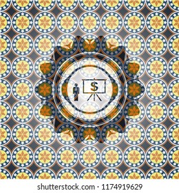 business presentation icon inside arabic emblem background. Arabesque decoration.