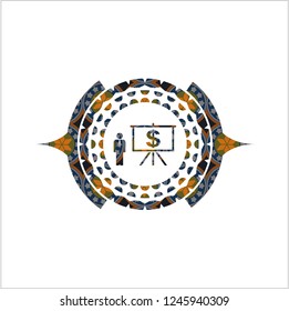 business presentation icon inside arabic emblem. Arabesque decoration.