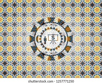 business presentation icon inside arabic emblem. Arabesque decoration.