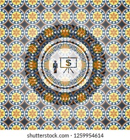 business presentation icon inside arabic badge. Arabesque decoration.
