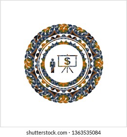 business presentation icon inside arabic style emblem. Arabesque decoration.