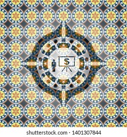 business presentation icon inside arabic emblem background. Arabesque decoration.