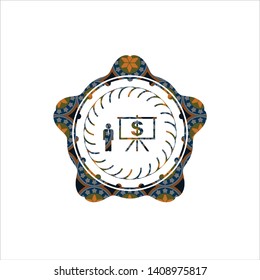 business presentation icon inside arabic style badge. Arabesque decoration.