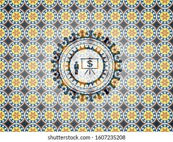 business presentation icon inside arabic emblem. Arabesque decoration.