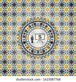business presentation icon inside arabic emblem. Arabesque decoration.