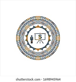 business presentation icon inside arabic badge background. Arabesque decoration.
