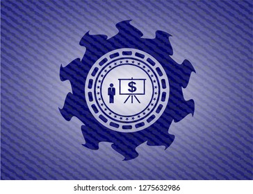 business presentation icon inside badge with denim texture
