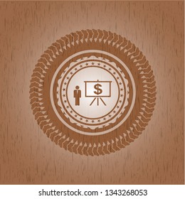 business presentation icon inside badge with wooden background
