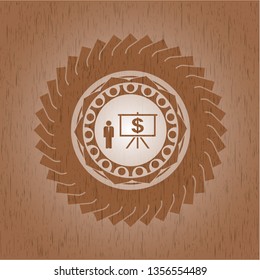 business presentation icon inside badge with wooden background