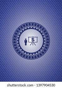 business presentation icon inside badge with denim texture