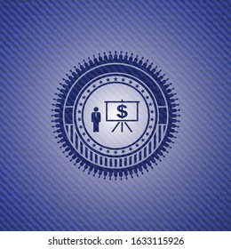 business presentation icon inside badge with denim background