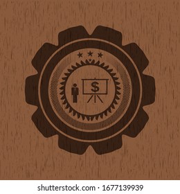 business presentation icon inside badge with wooden background