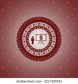 business presentation icon inside badge with red background. 