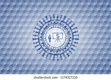 business presentation icon inside blue emblem or badge with abstract geometric polygonal pattern background.