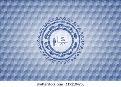 business presentation icon inside blue emblem or badge with abstract geometric polygonal pattern background.