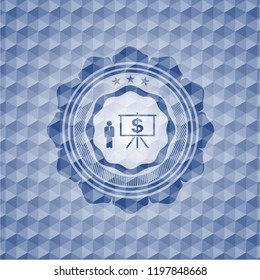 business presentation icon inside blue badge with geometric pattern background.