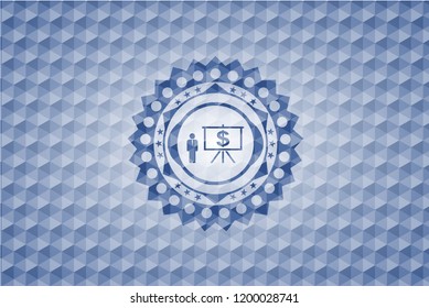 business presentation icon inside blue badge with geometric background.