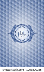 business presentation icon inside blue emblem or badge with abstract geometric polygonal pattern background.
