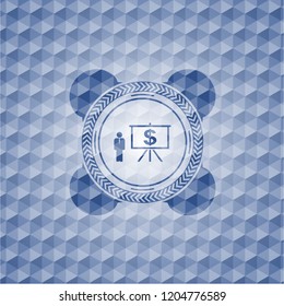 business presentation icon inside blue emblem with geometric pattern.