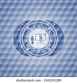 business presentation icon inside blue emblem with geometric pattern.