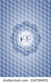 business presentation icon inside blue emblem with geometric pattern background.