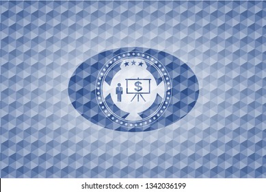 business presentation icon inside blue emblem or badge with abstract geometric pattern background.