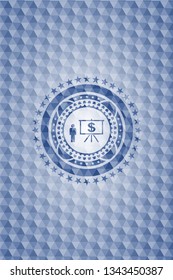 business presentation icon inside blue emblem with geometric background.