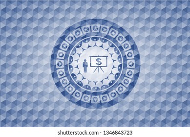 business presentation icon inside blue emblem with geometric background.