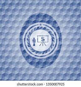 business presentation icon inside blue emblem with geometric background.