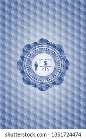 business presentation icon inside blue emblem or badge with abstract geometric pattern background.