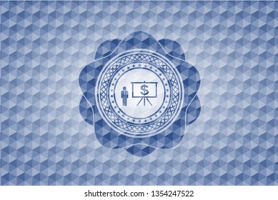 business presentation icon inside blue emblem or badge with geometric pattern background.