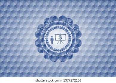 business presentation icon inside blue emblem or badge with geometric pattern background.