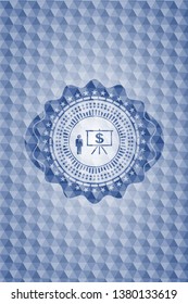business presentation icon inside blue emblem with geometric pattern background.