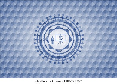 business presentation icon inside blue polygonal badge.