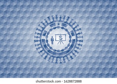 business presentation icon inside blue polygonal badge.