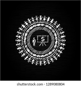 business presentation icon inside chalkboard emblem on black board