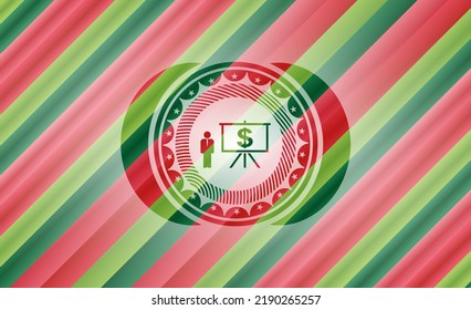 icono de presentación de negocios dentro de la insignia de estilo de los colores de navidad. 
