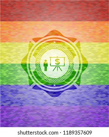 business presentation icon inside emblem on mosaic background with the colors of the LGBT flag