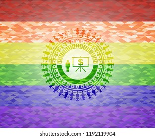 business presentation icon inside emblem on mosaic background with the colors of the LGBT flag