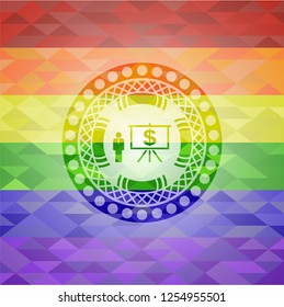 business presentation icon inside emblem on mosaic background with the colors of the LGBT flag