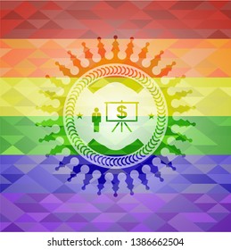 business presentation icon inside emblem on mosaic background with the colors of the LGBT flag