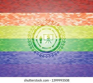 business presentation icon inside emblem on mosaic background with the colors of the LGBT flag