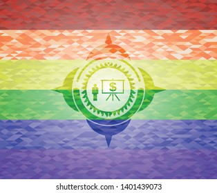 business presentation icon inside emblem on mosaic background with the colors of the LGBT flag