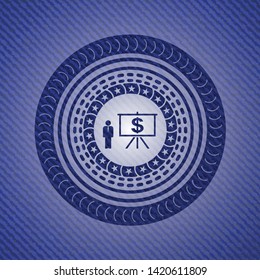 business presentation icon inside emblem with jean texture