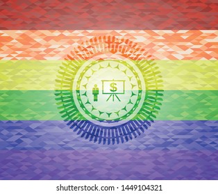 business presentation icon inside emblem on mosaic background with the colors of the LGBT flag